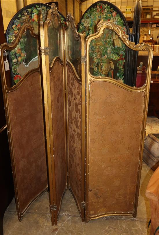 An early 20th century French giltwood and gesso glazed four fold dressing screen, H 182cm